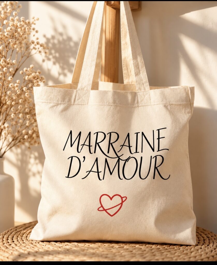 Tote bag Marraine d'Amour en coton naturel avec inscription noire et cœur rouge – BB Chou
