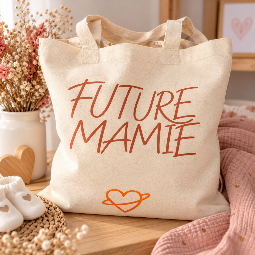 Tote bag Future Mamie en coton naturel avec inscription terracotta et cœur orange – BB Chou