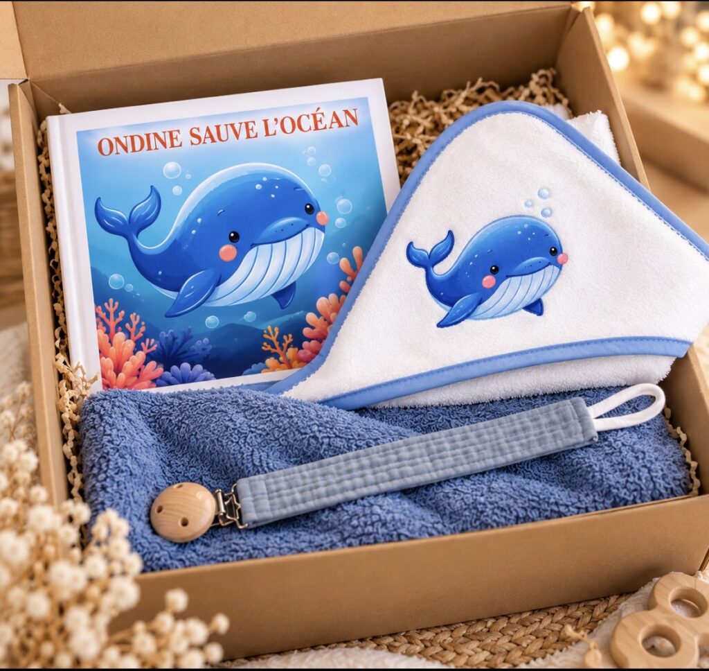 Box Ondine BB Chou – coffret naissance avec cape de bain baleine, attache-sucette et conte illustré