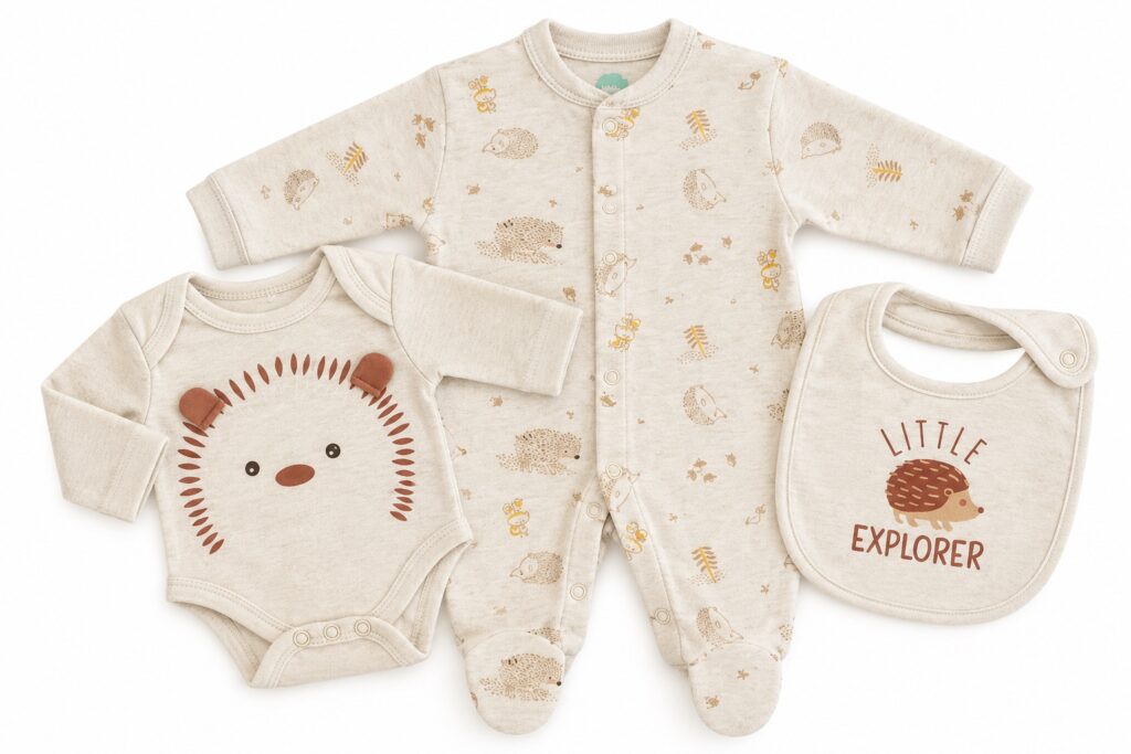 Ensemble bébé 3 pièces FS Baby Little Explorer écru avec pyjama, body hérisson et bavoir