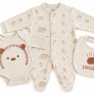 Ensemble bébé 3 pièces FS Baby Little Explorer écru avec pyjama, body hérisson et bavoir