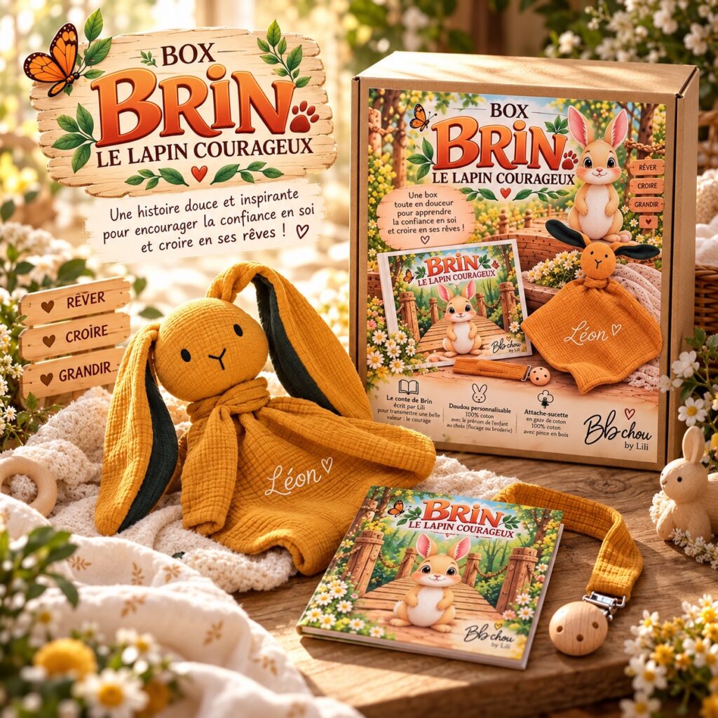 Coffret naissance personnalisé Box Brin BB Chou avec doudou lapin moutarde, attache-sucette en gaze de coton et conte illustré
