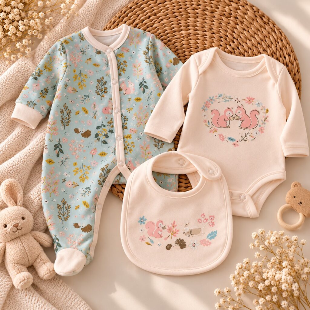 Ensemble bébé 3 pièces en coton bio Forêt Enchantée avec pyjama, body et bavoir assortis
